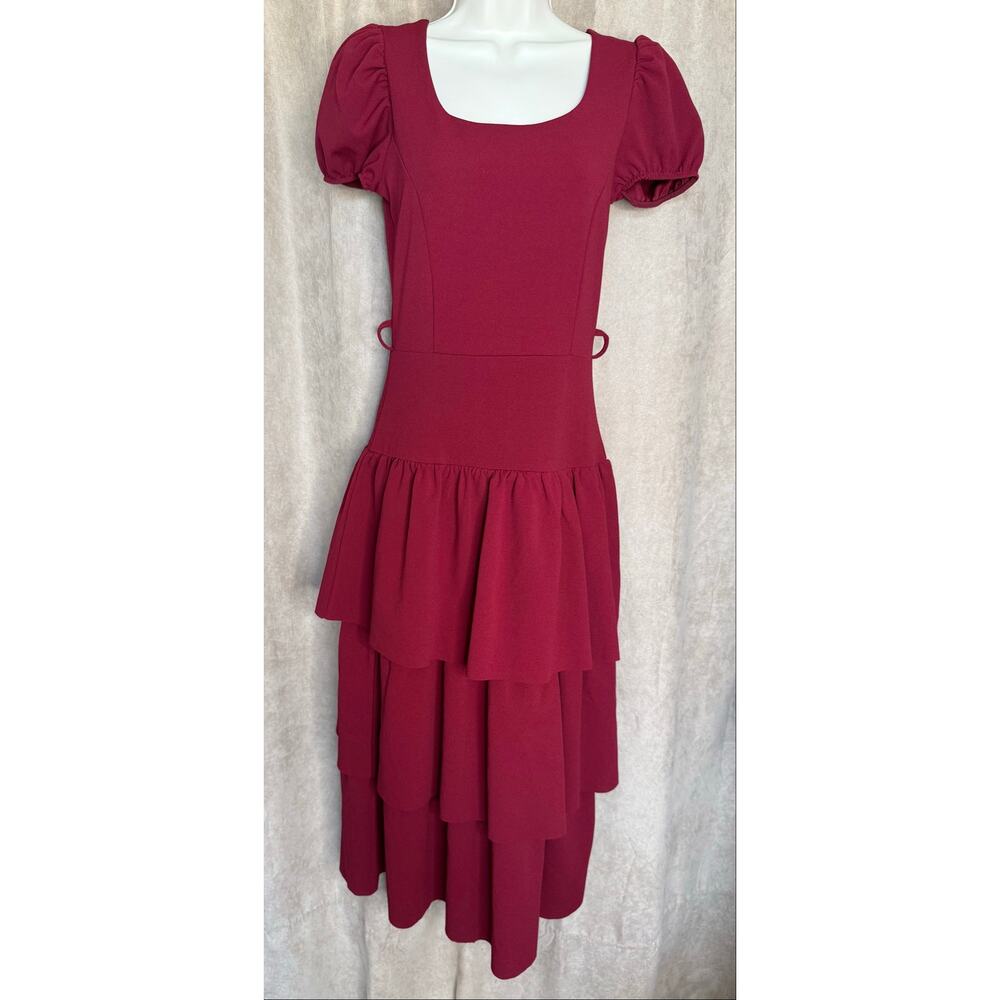 Quiz Wine Cap Sleeve Crepe Tiered Dress 4 NWT - Picture 2 of 6